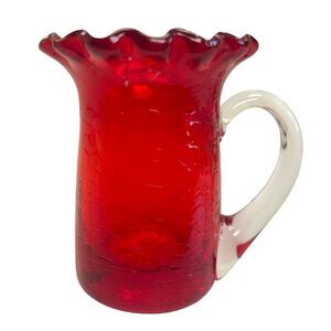 Vintage Red Hand Blown Art‎ Glass Cup Pitcher Ruffled Edge Clear Handle